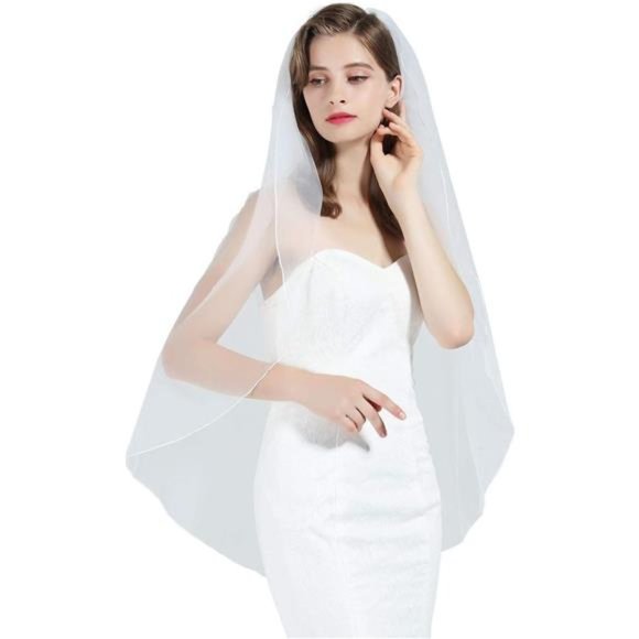1 Tier Wedding Bridal Veil Pencil Edge Ivory White Fingertip Cathedral - Picture 1 of 8